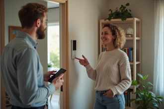 Femme discutant avec un technicien de securite a domicile
