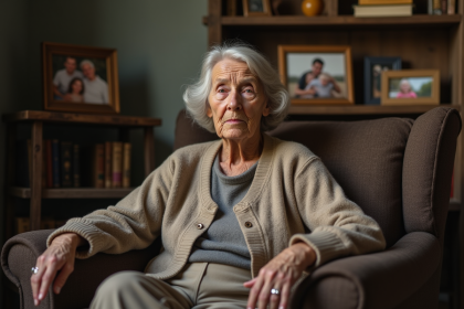 Femme âgée en fauteuil dans un salon chaleureux