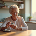 Femme senior vérifiant son taux de sucre avec un glucomètre