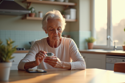 Femme senior vérifiant son taux de sucre avec un glucomètre