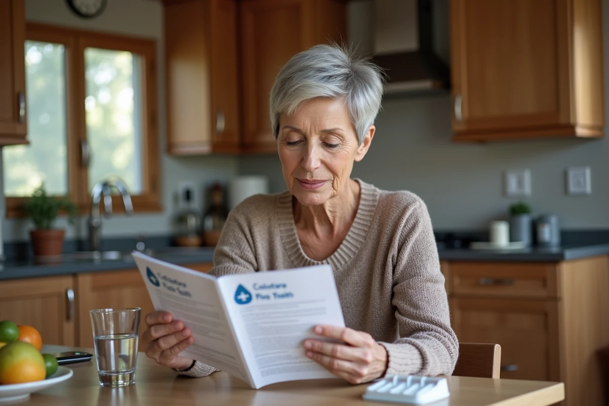 Femme senior lisant une brochure médicale sur les polypes colorectaux et la prévention du cancer du côlon à domicile