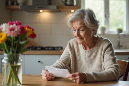 Femme senior lisant une étiquette de prescription dans la cuisine