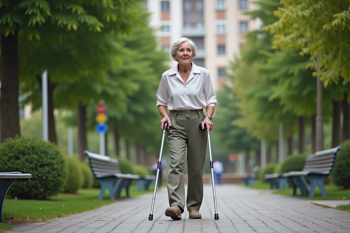 Femme âgée marchant avec une canne dans un jardin public
