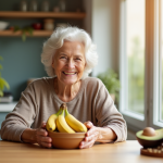 Femme senior souriante mangeant aliments riches en vitamine B6