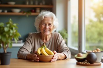 Femme senior souriante mangeant aliments riches en vitamine B6