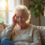 Femme senior se massant la tempe dans un salon lumineux