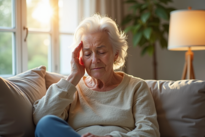 Femme senior se massant la tempe dans un salon lumineux