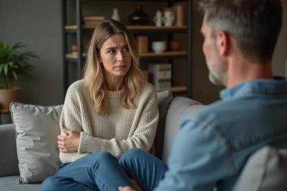Femme en salon avec expression de malaise face à un homme