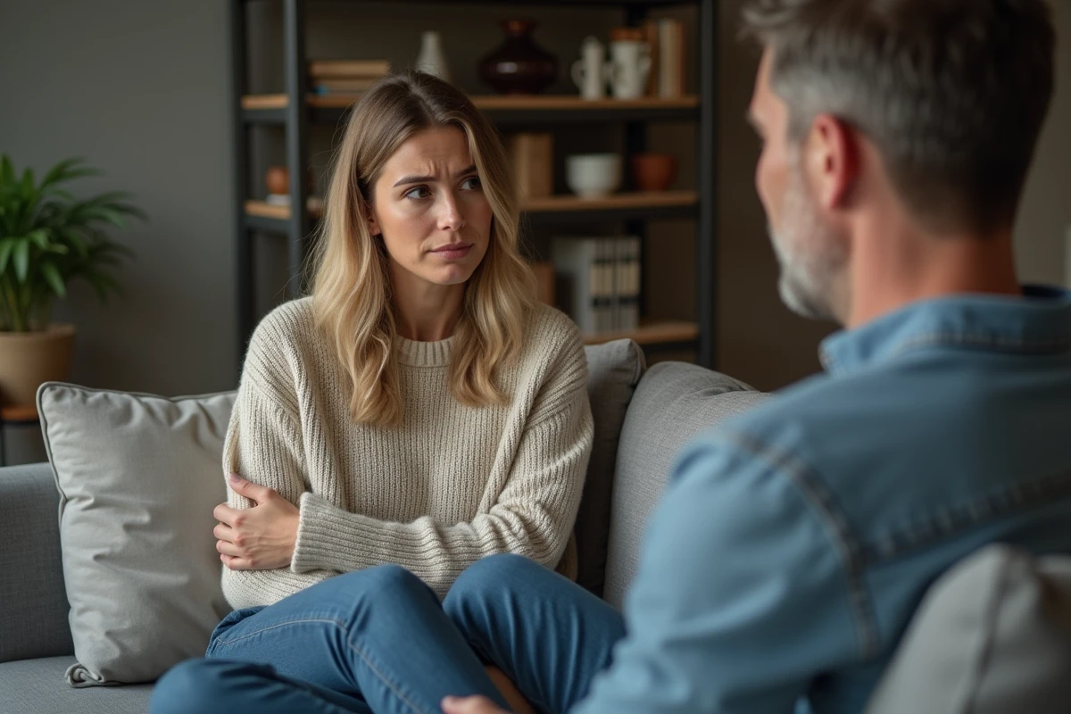 Femme en salon avec expression de malaise face à un homme