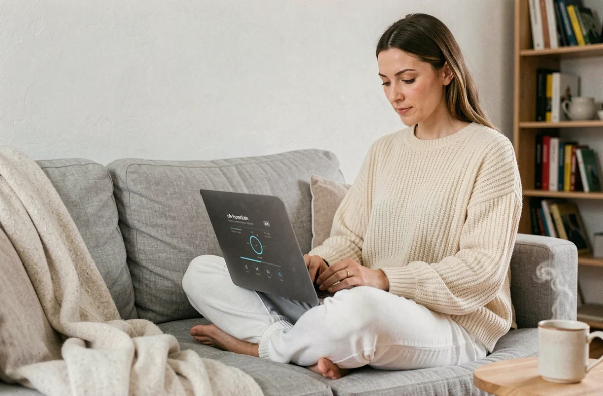 Femme utilisant un simulateur d'espérance de vie sur ordinateur portable dans un salon minimaliste et serein