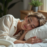 Femme d'âge moyen dormant paisiblement en pyjamas coton