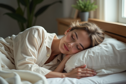 Femme d'âge moyen dormant paisiblement en pyjamas coton