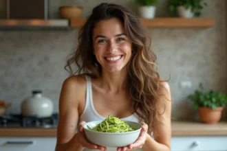 Femme souriante avec bol de zucchini spiralise