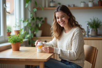 Femme souriante ouvrant une bouteille de vitamine D à la maison
