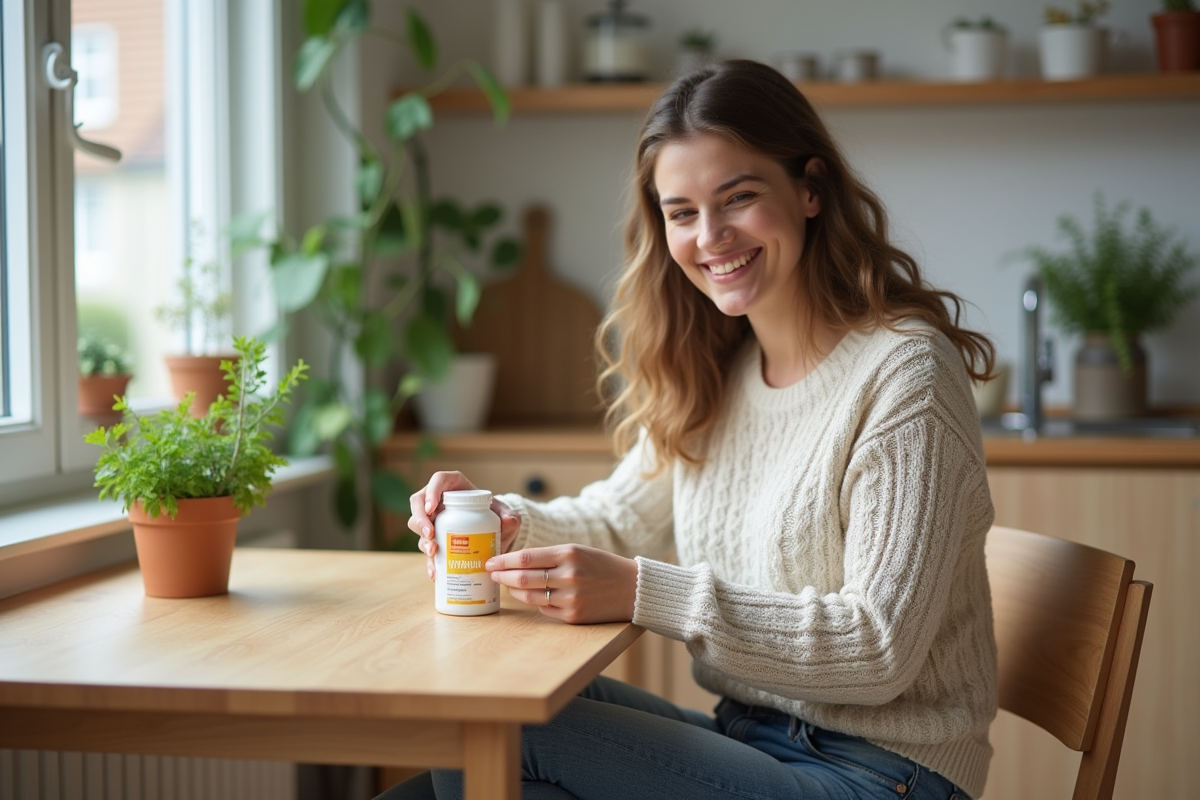 Femme souriante ouvrant une bouteille de vitamine D à la maison