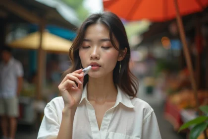 Jeune femme thaïlandaise utilisant un yadom, inhaleur traditionnel thaï, dans un marché de Bangkok