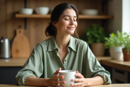 Femme sereine tenant une tasse de tisane à la menthe dans une cuisine en bois, yeux fermés, illustrant les bienfaits apaisants de la menthe