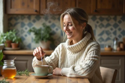 Femme dans une cuisine cosy sirotant une tisane au thym et miel