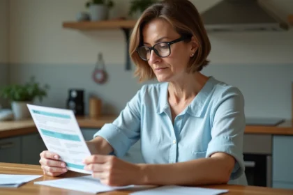 Femme d'âge moyen lisant une fiche de vaccination à la maison