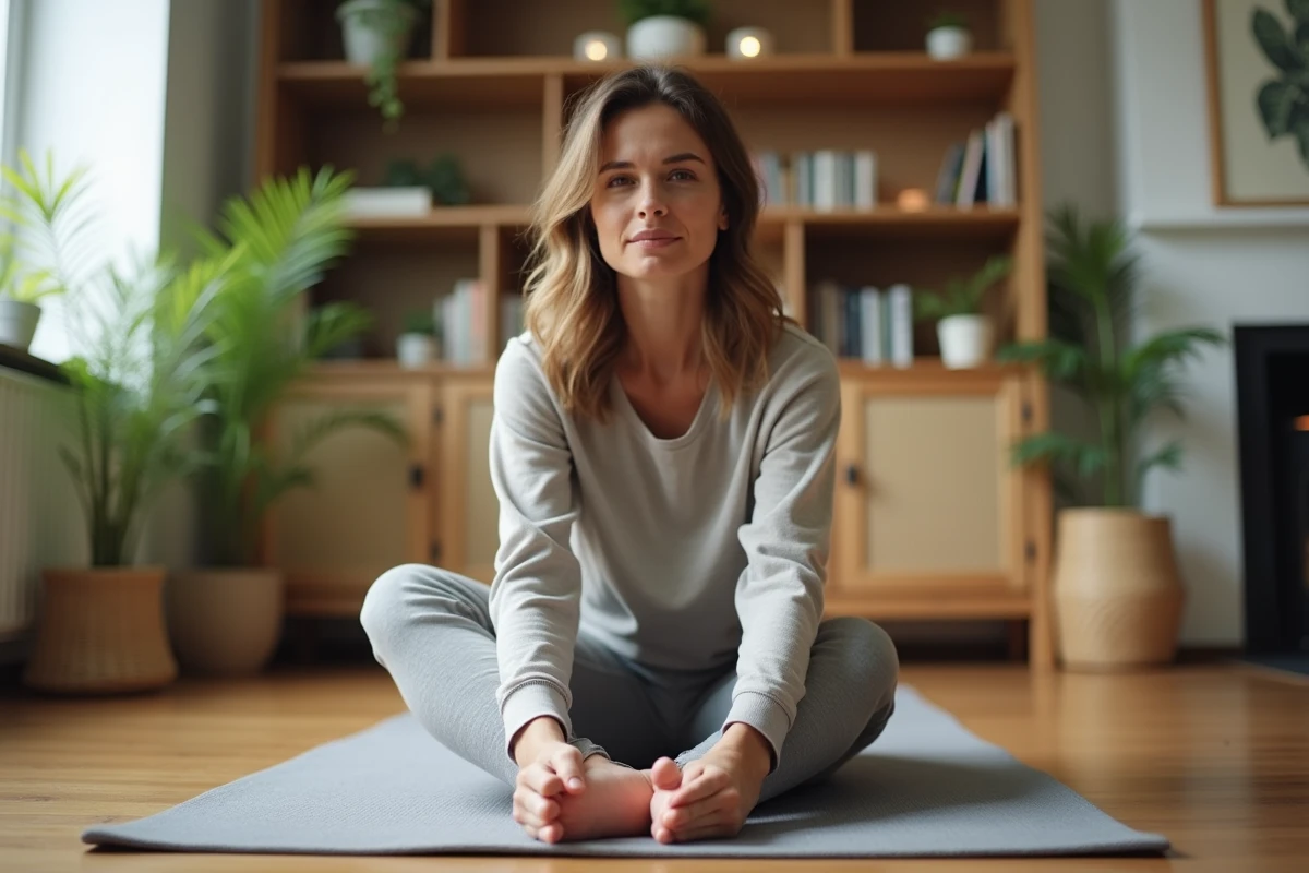 Femme en athleisure s'étirant sur un tapis de yoga dans un salon cosy