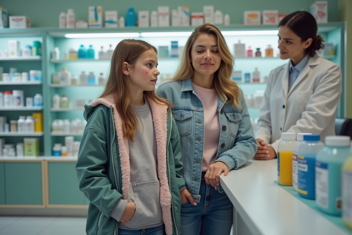 Fille et mère dans une pharmacie avec rash visible