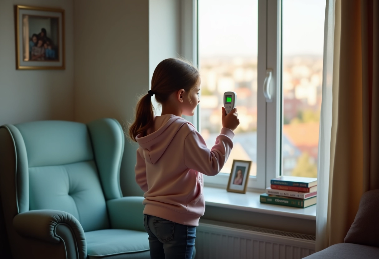 Fille de 11 ans regardant par la fenêtre en tenant un thermometre