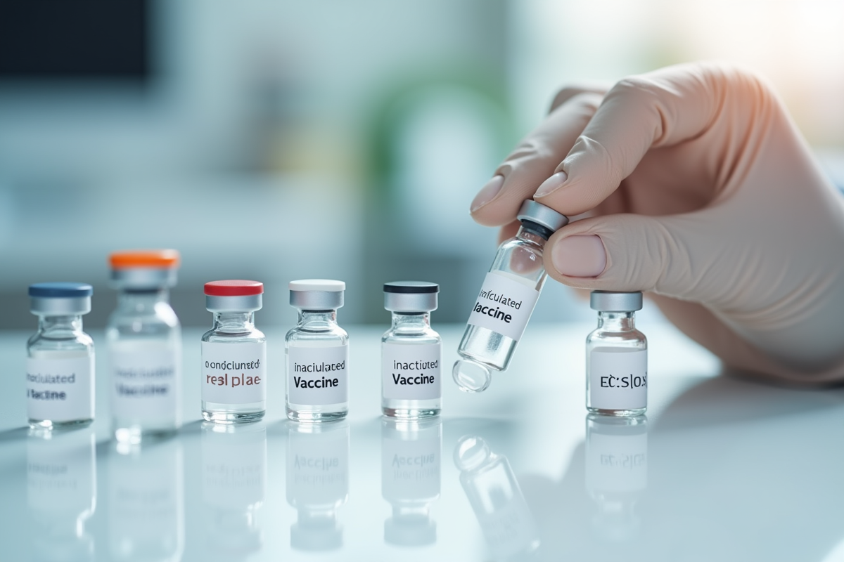 Petits flacons de vaccin inactivé sur une table blanche