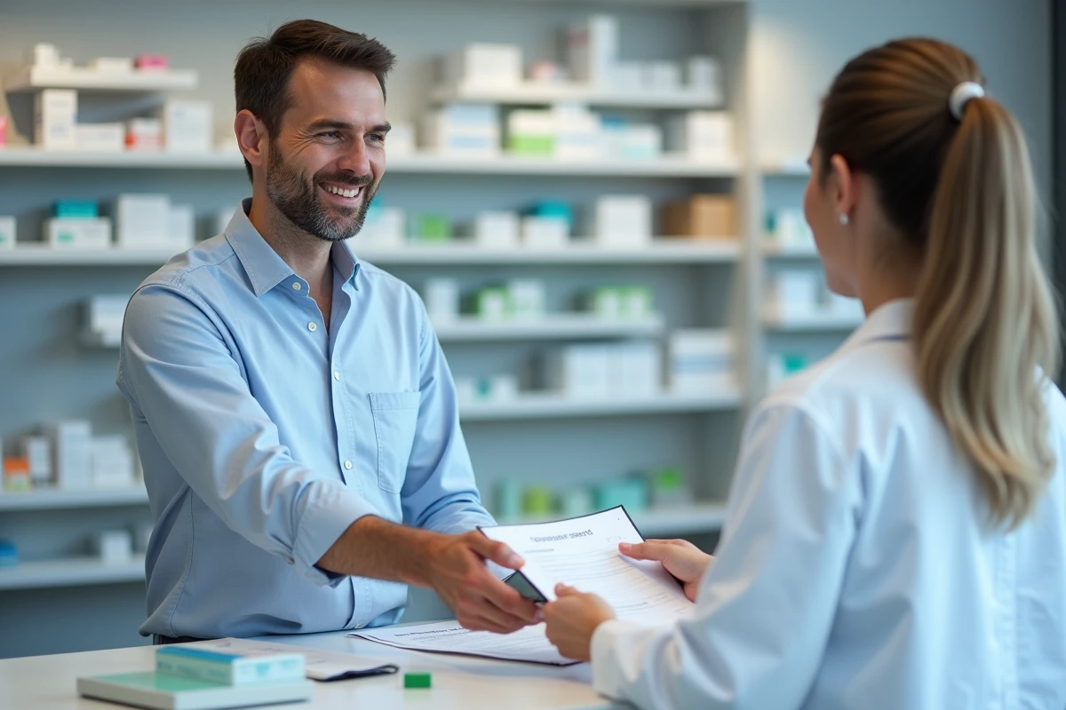 Un père remettant un formulaire Assurance maladie pour son enfant au comptoir d'une pharmacie