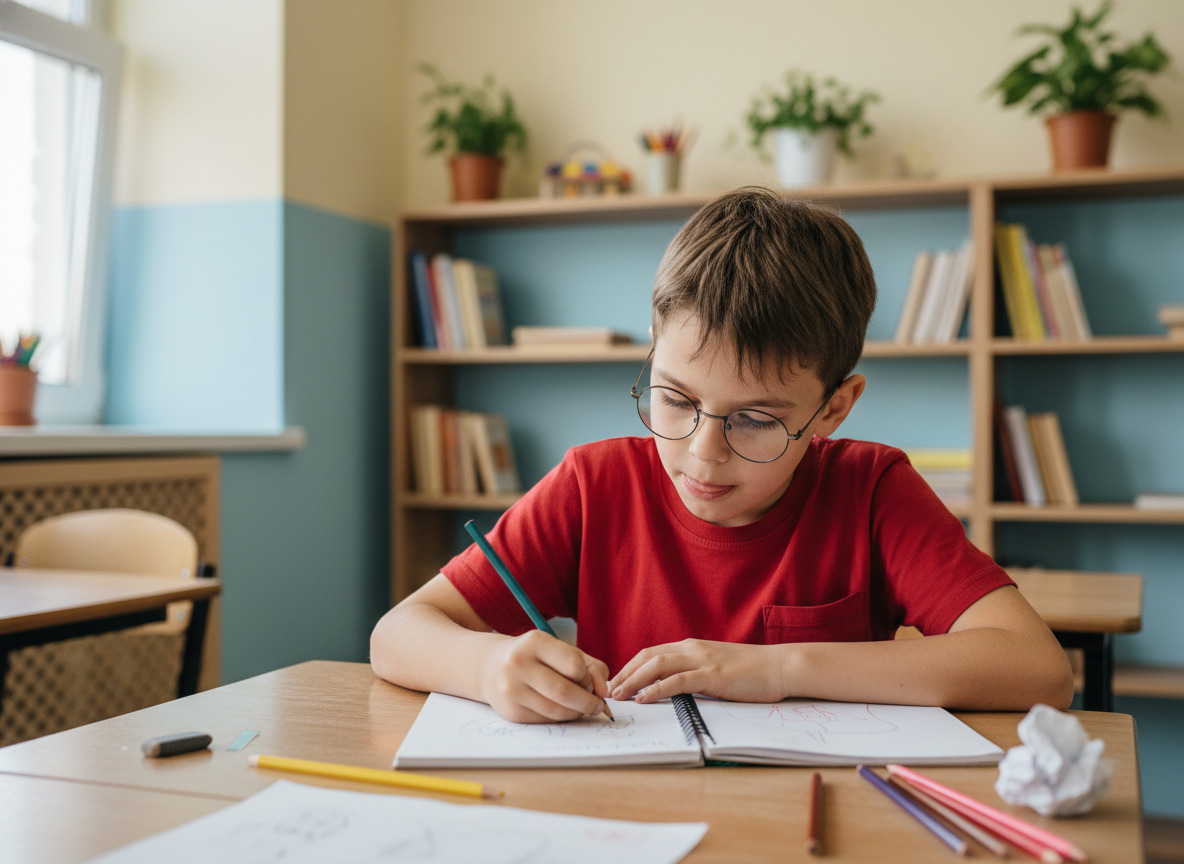 Jeune garçon concentré dessinant dans un cahier à l