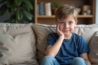 Garçon français assis sur un canapé avec rash visage