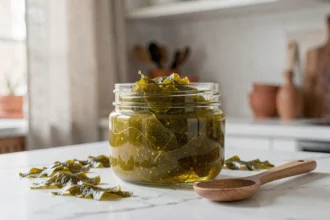 Pot de gel de sea moss doré-vert sur un comptoir en marbre blanc avec des morceaux de mousse de mer séchée et une cuillère en bois