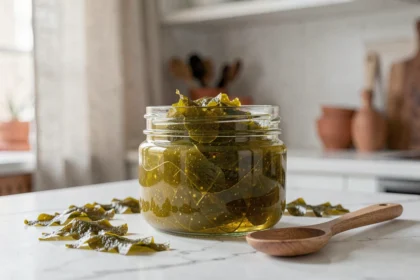 Pot de gel de sea moss doré-vert sur un comptoir en marbre blanc avec des morceaux de mousse de mer séchée et une cuillère en bois