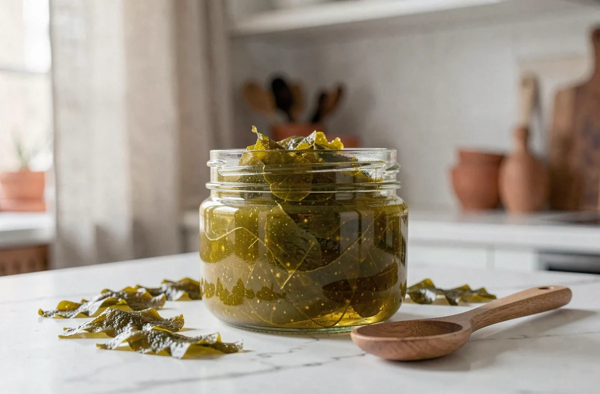 Pot de gel de sea moss doré-vert sur un comptoir en marbre blanc avec des morceaux de mousse de mer séchée et une cuillère en bois