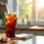 Verre de cola avec glace et paille sur une table de cuisine