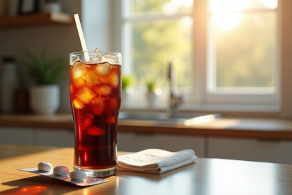 Verre de cola avec glace et paille sur une table de cuisine