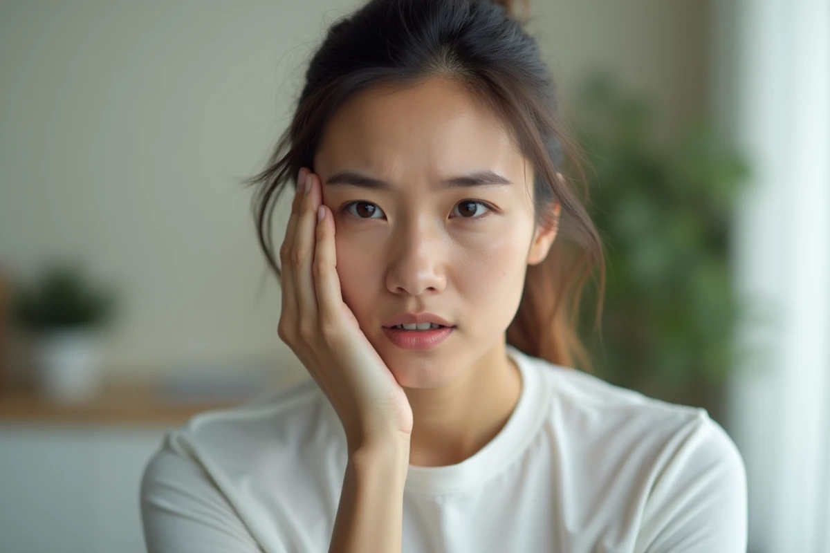 Gros plan d'une femme touchant sa mâchoire bloquée avec expression de douleur articulaire temporo-mandibulaire