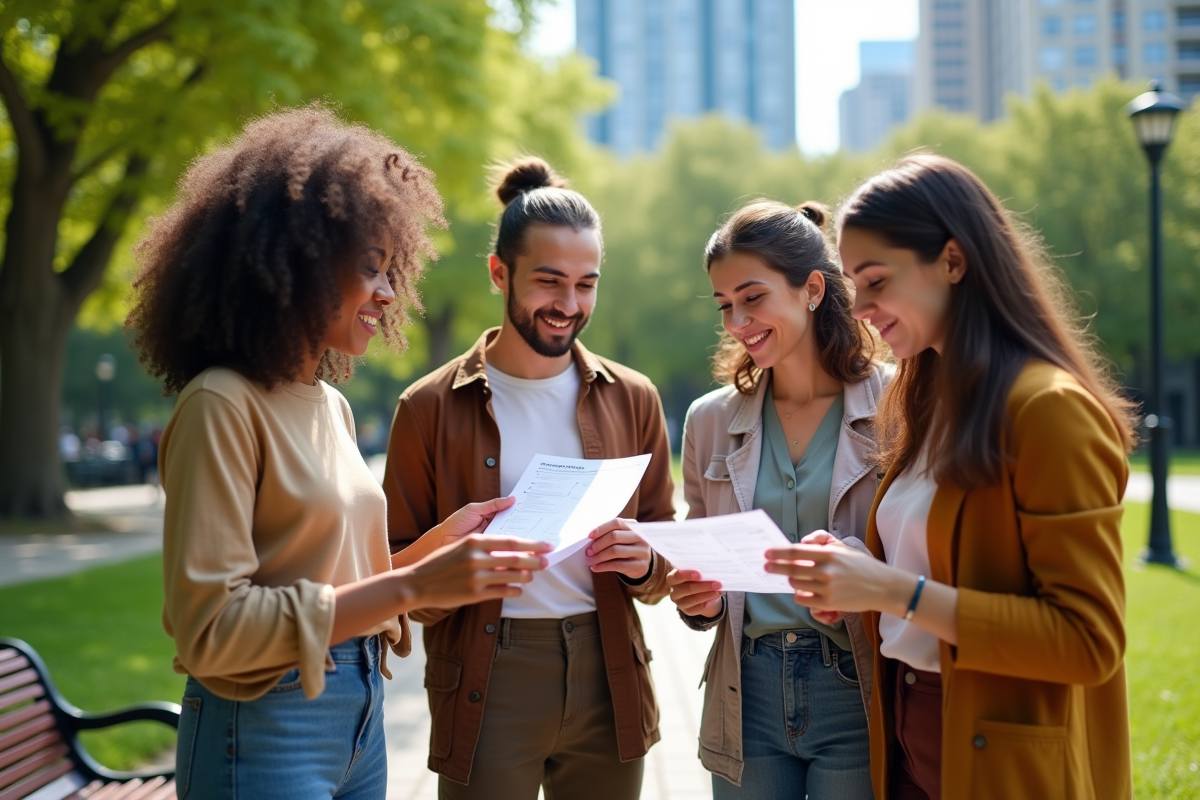 Groupe d adultes discutant d une checklist de santé mentale en plein air