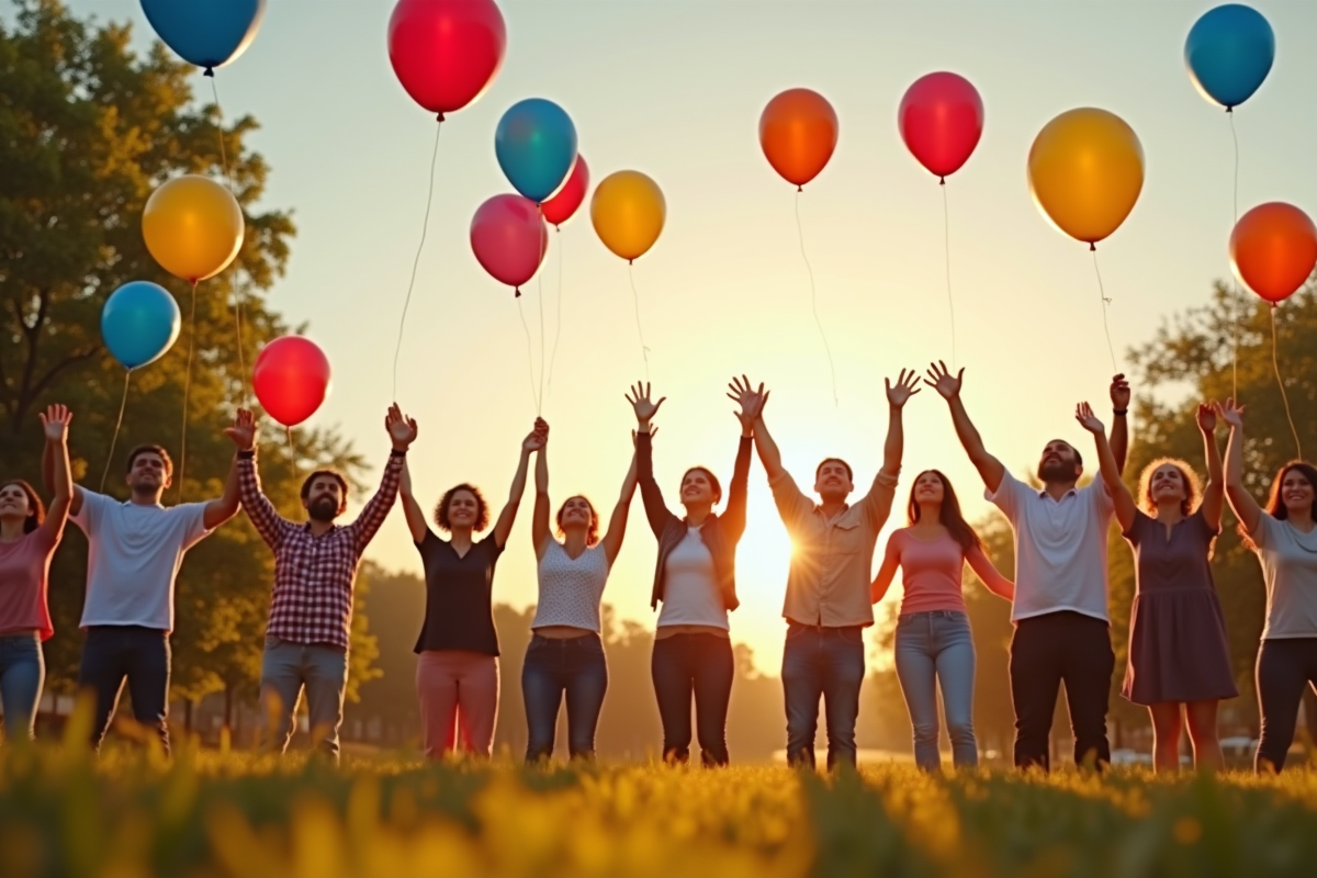 Groupe divers de personnes relâchant des ballons colorés dans un parc ensoleille