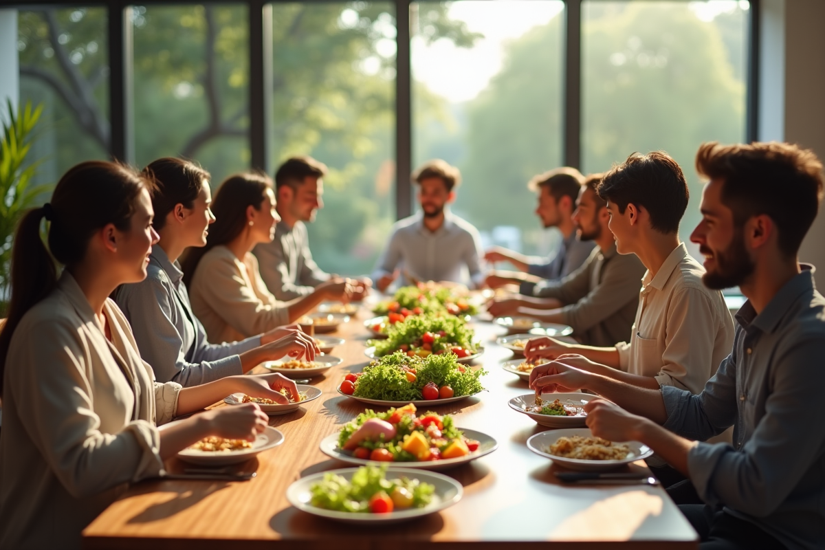 Groupe diversifié partageant un repas sain autour d une table lumineuse