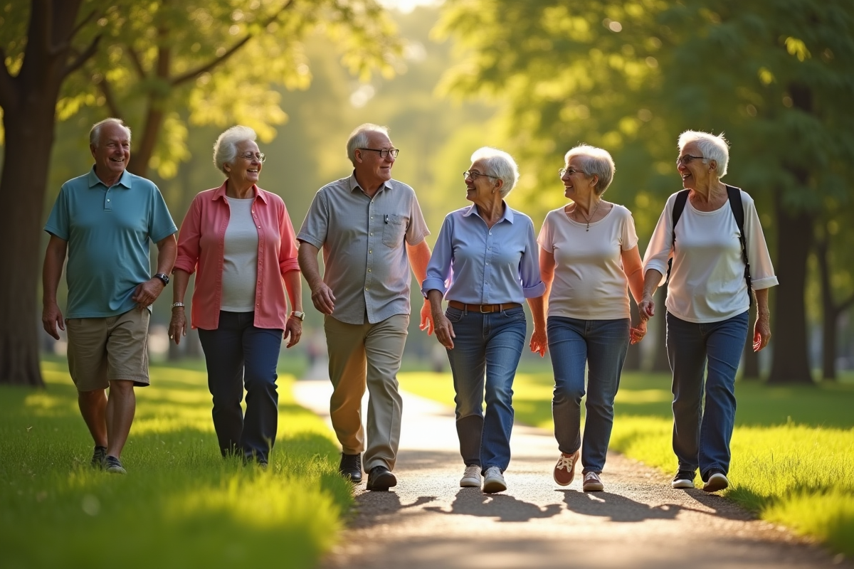 Groupe de seniors heureux marchant dans un parc ensoleille