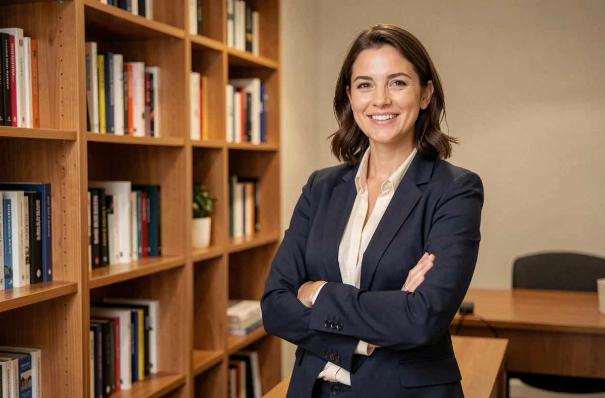 Gwenaëlle Le Martelot, psychologue clinicienne au Mans, debout près d'une bibliothèque dans son cabinet professionnel