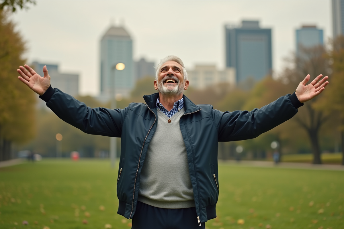 Homme dans un parc urbain levant le visage vers le ciel