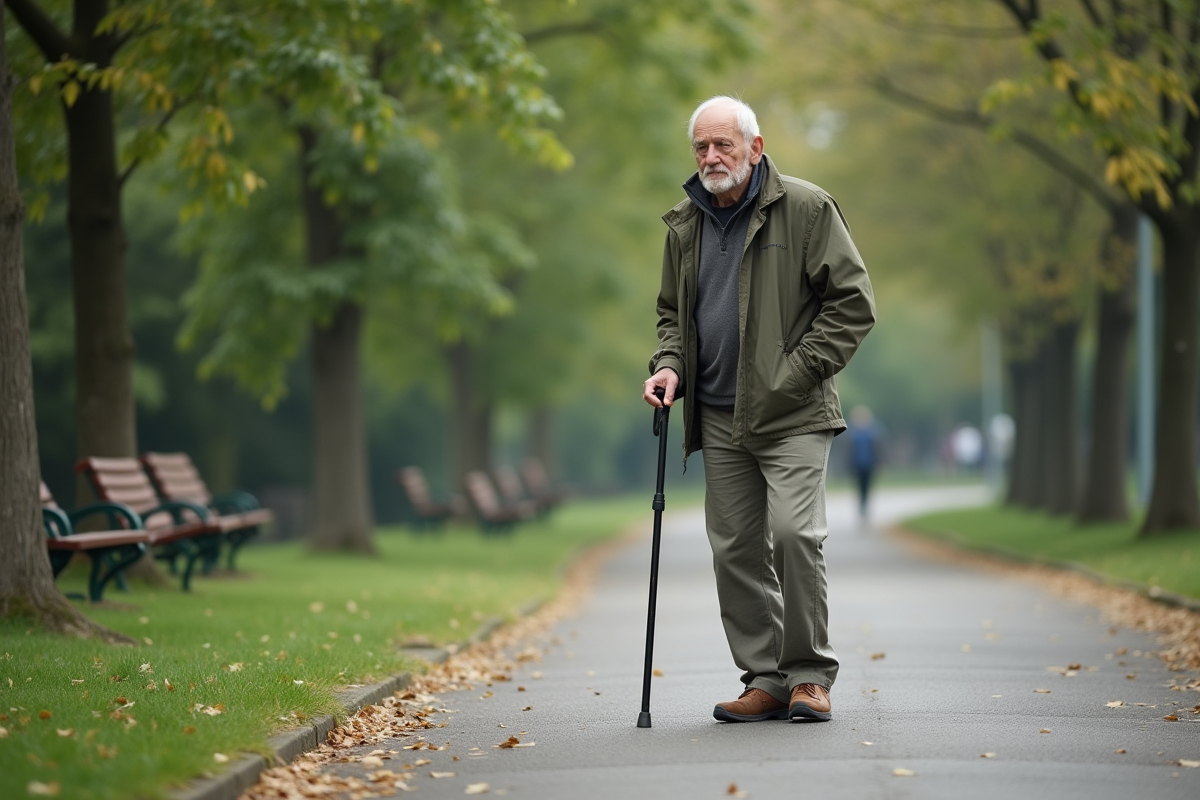 Homme agee marchant dans un parc avec canne