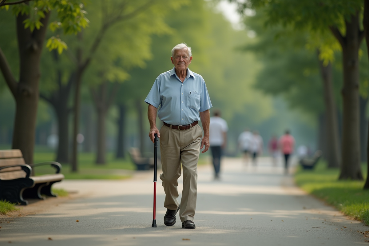 Homme âgé marchant dans un parc urbain calme