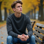 Jeune homme assis sur un banc en automne dans un parc