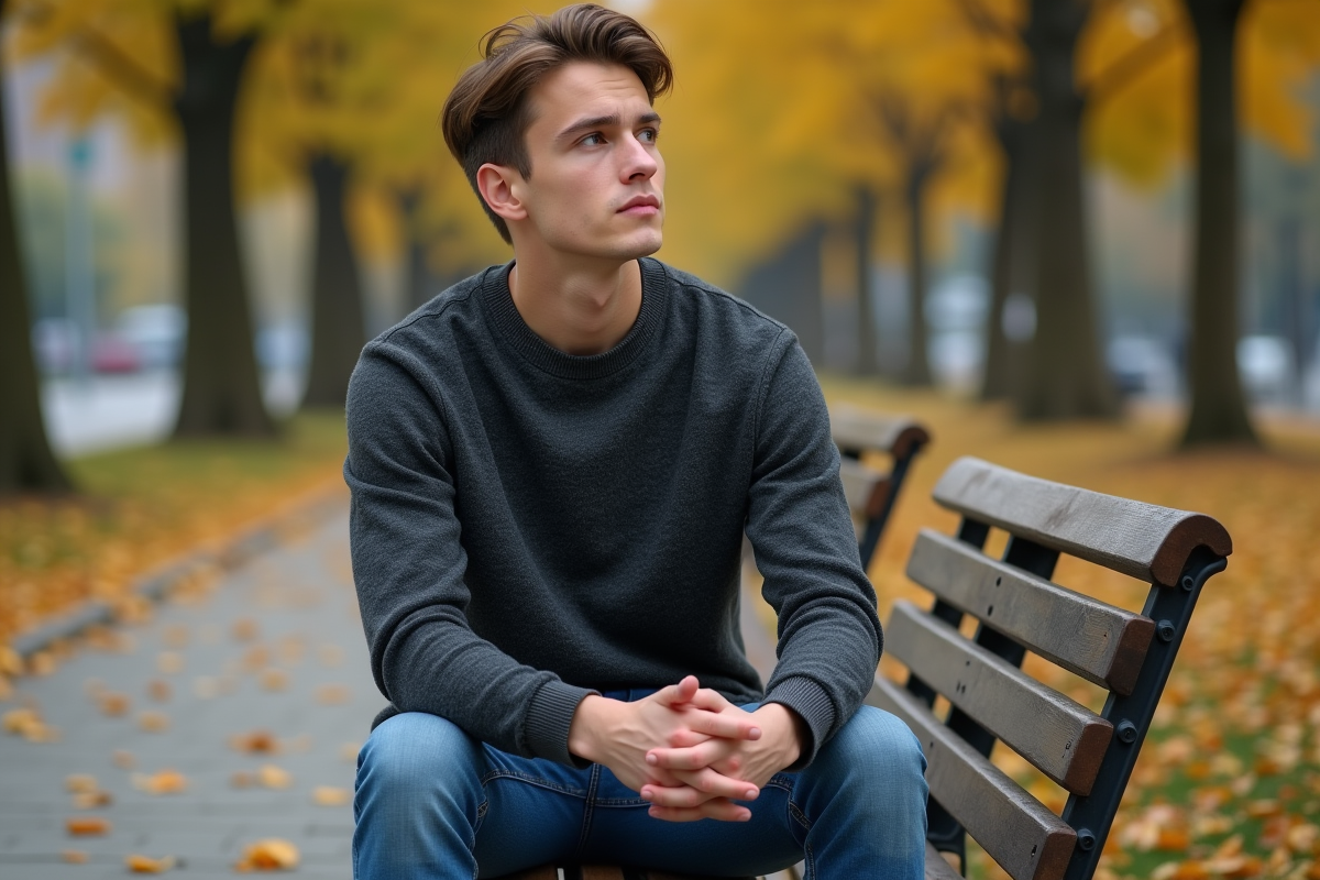 Jeune homme assis sur un banc en automne dans un parc
