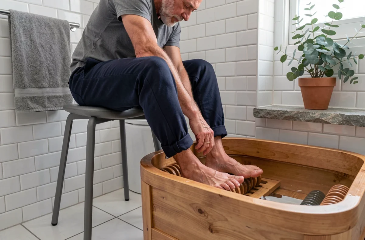 Homme utilisant un bain de pieds massant en bois dans une salle de bain moderne