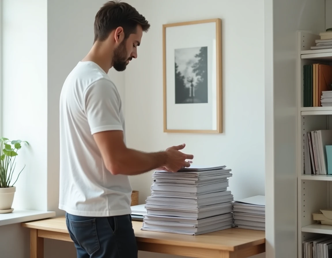 Homme rangeant et simplifiant son bureau à domicile avec calme et méthode, symbolisant une démarche progressive vers un mode de vie plus efficace et épuré