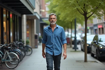Homme d'âge moyen marche dans une rue urbaine