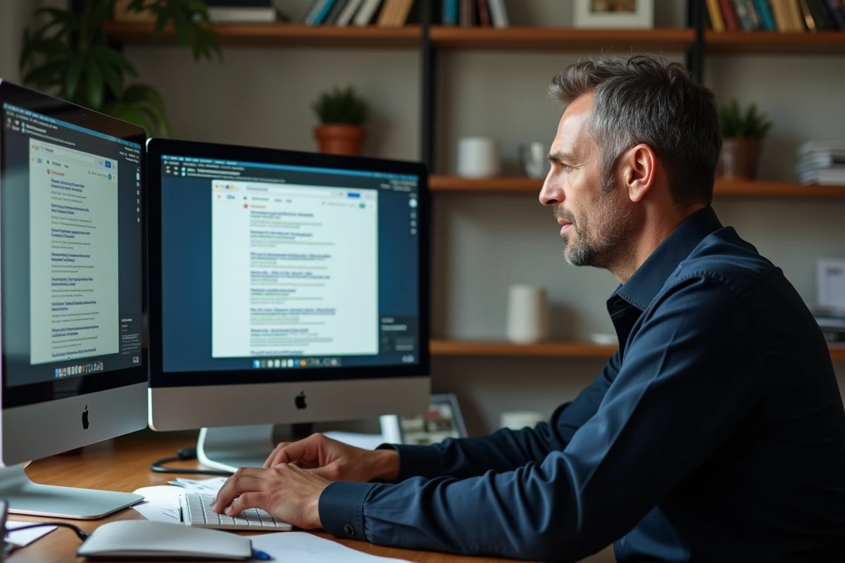 Homme comparant un blog médical de confiance aux résultats Google sur son ordinateur de bureau à la maison